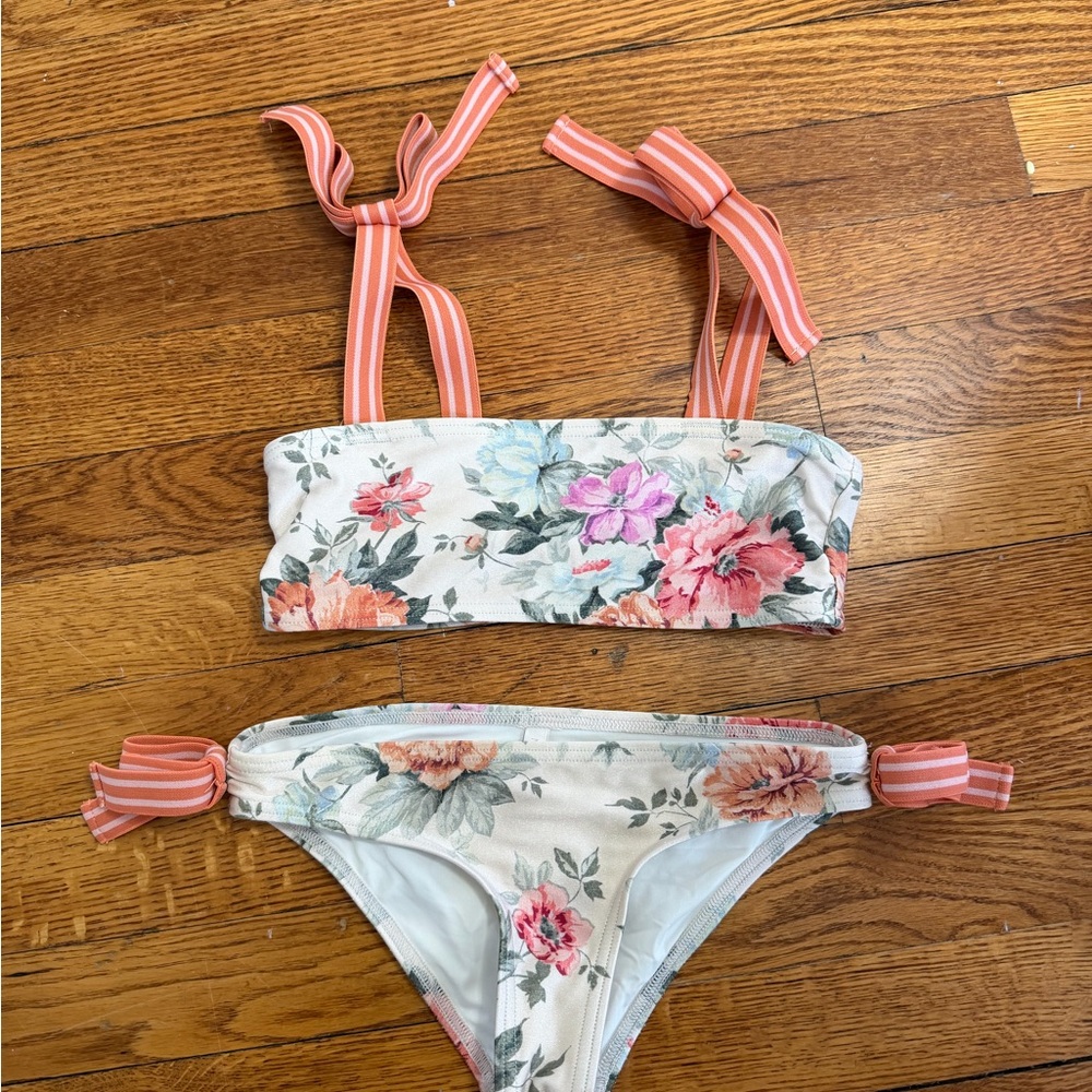 Zimmermann floral Bikini with Pink bow straps
